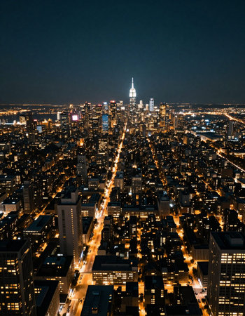 Aerial view of New York City Manhattan skyline at night, USA.