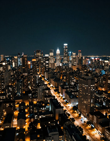 Aerial view of New York City at night with urban skyscrapers.