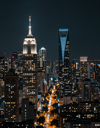 View of New York City Manhattan at night with skyscrapers.