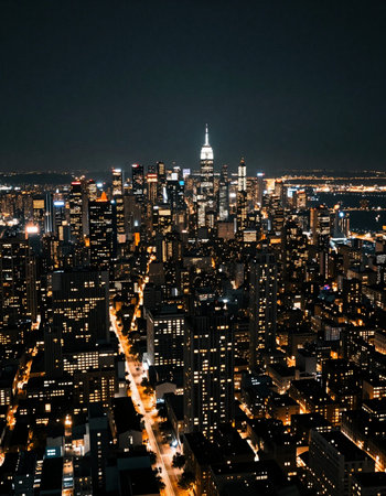 New York City Manhattan downtown skyline at night with Empire State Building and skyscrapers.
