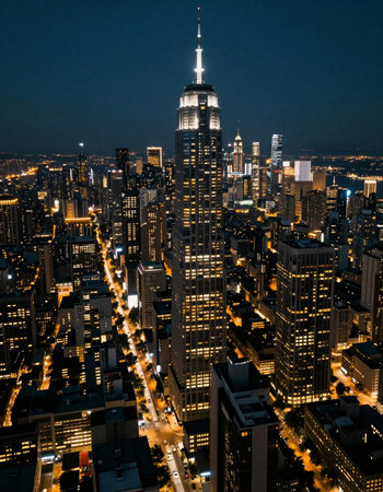 Aerial view of New York City Manhattan at night with Empire State Building.