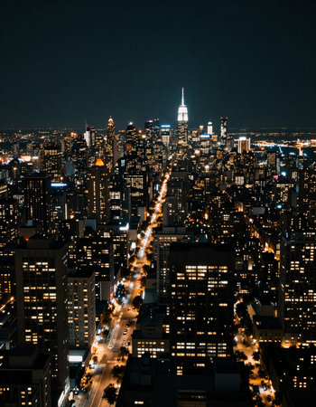 Aerial view of New York City skyline at night. USA.
