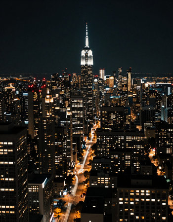 New York City Manhattan midtown skyline with Empire State Building at nightの写真素材
