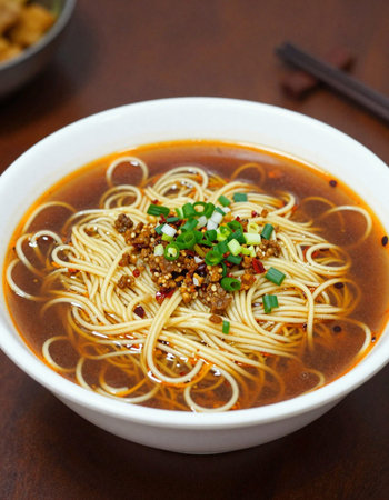 Bowl of spicy noodle soup with chopsticks on table.の写真素材