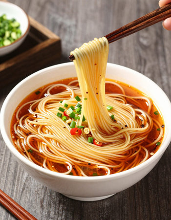 chinese noodle soup with chopsticks on wooden table, closeup