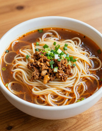 Bowl of noodle soup with minced pork and vegetables on wooden table