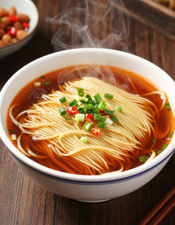 Ramen noodle soup with chives in bowl on wooden tableの写真素材