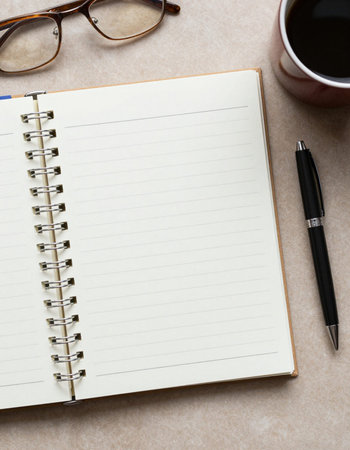 Blank notebook with pen and glasses on table. View from above