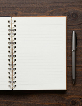 Notebook with pen on wooden table. Top view with copy space