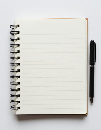 Notebook and pen on white background. Top view with copy space
