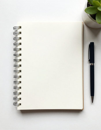 Blank notebook and pen on white background. Top view with copy space