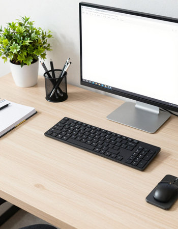 Close up view of modern workspace with computer, keyboard, mouse and notebook