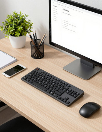 Office desk table with computer, supplies and coffee cup, stock photo