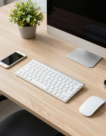 Close up view of modern workplace with computer keyboard, mouse and smartphoneの写真素材