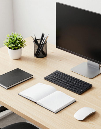 Close up of modern wooden desktop with blank computer screen, stationery and other items. Mock up