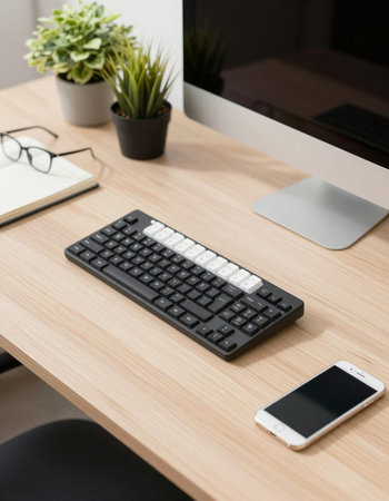 Keyboard and mobile phone on wooden table in office, stock photo