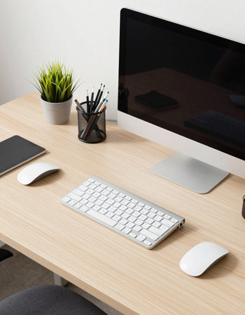 workplace with computer, mouse, keyboard and stationery on wooden table