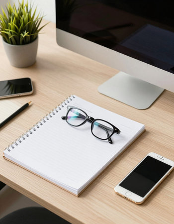 Office desk table with computer, supplies and coffee cup, stock photo