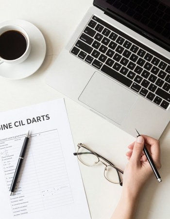 Close-up of businesswoman hands with pen and laptop on table