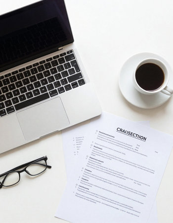 Laptop with contract and coffee on white background. Copy space.