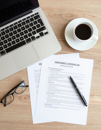 Laptop with contract and coffee on wooden table. Business concept.