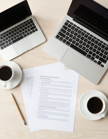Office desk table with laptop, coffee cup and document. Top viewの写真素材