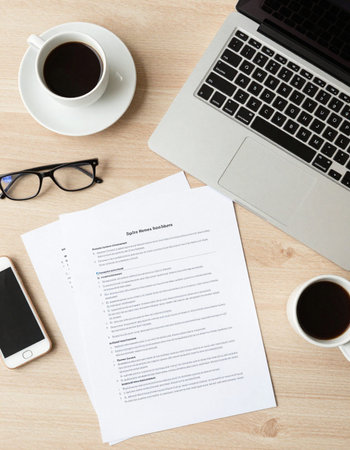Top view of office desk table with laptop, smartphone, coffee cup and document.