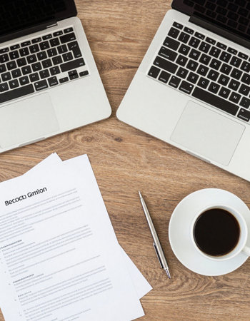 Laptop and contract on wooden table, top view with copy space