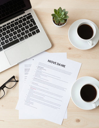 Top view of business workplace with laptop, coffee cup and contract papers.