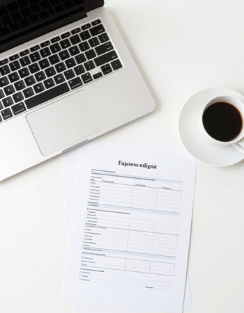 Medical form with laptop and cup of coffee on white table, top viewの写真素材