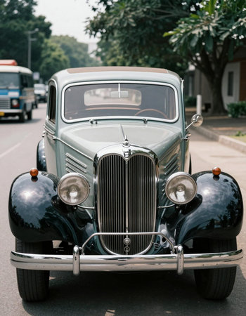 Vintage car on the road. Retro car on the road.