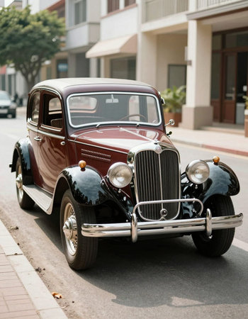 Vintage car on the streets of a small town in California.の写真素材