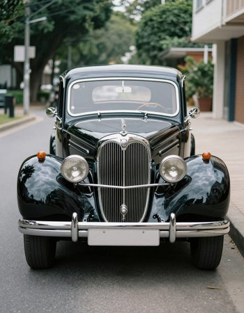 Vintage black car on the street in the city. Front view.