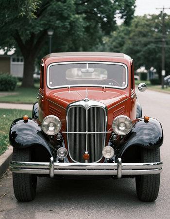 Vintage car on the road. Retro car on the road.