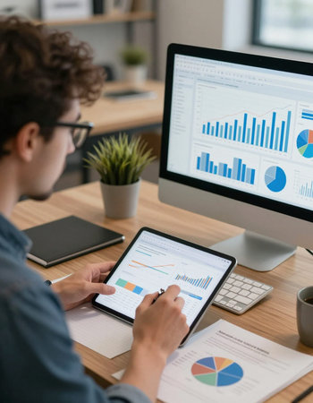 rear view of businessman using digital tablet with charts on screen in office