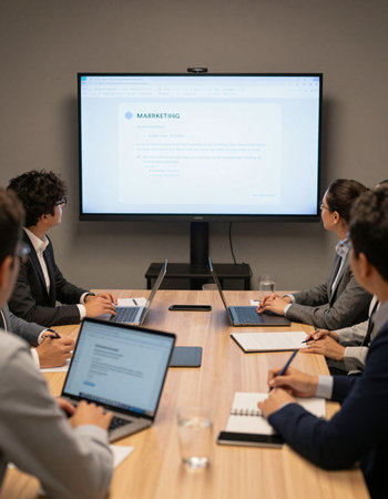 Group of business people having a meeting in a conference room, focus on the screen