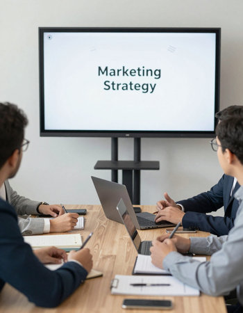 Business people working with marketing strategy on the screen. Marketing strategy concept.