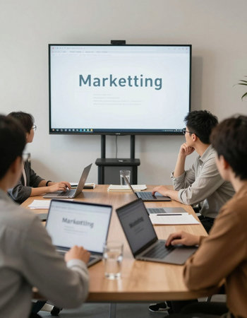 Business people working together in meeting room with marketing text on the screenの写真素材