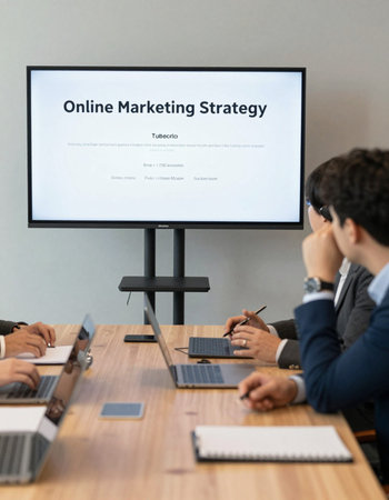 Online marketing strategy concept on computer screen. Business people sitting at table.