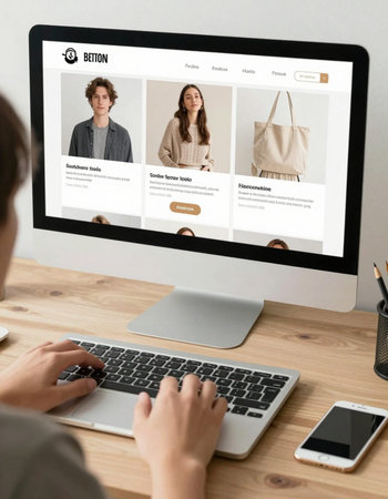 Woman working on computer with online shopping website.の写真素材