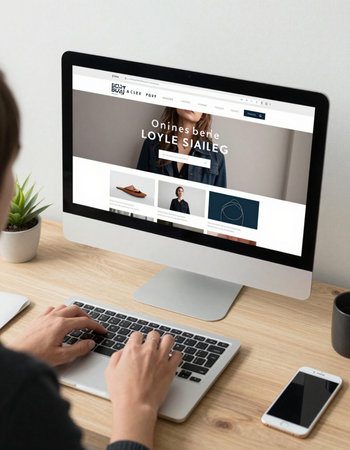 woman using computer. All screen graphics are made up.の写真素材