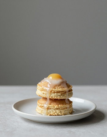 Stack of pancakes with honey and egg yolk on a white plate