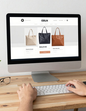 man using computer with online shopping concept on screen. All screen graphics are made up.の写真素材