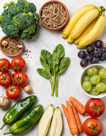 Healthy food background with fruits and vegetables. Top view, flat lay