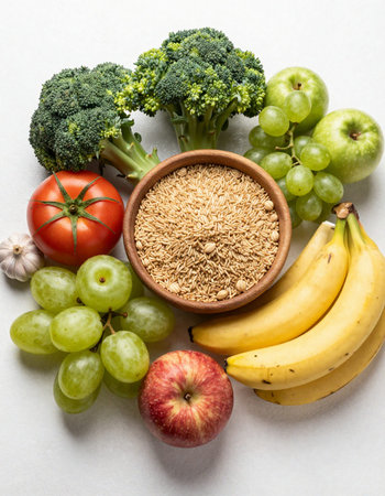 Healthy food background with fruits and vegetables. Balanced diet concept.の写真素材