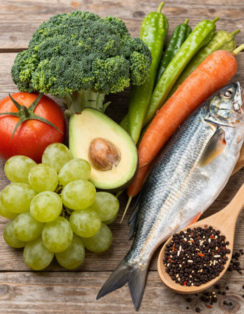 Fresh vegetables and fish on a wooden table. Healthy food background.の写真素材