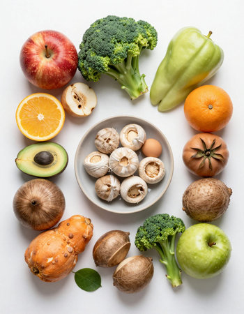 Vegetables, mushrooms and fruits on white background, top viewの写真素材