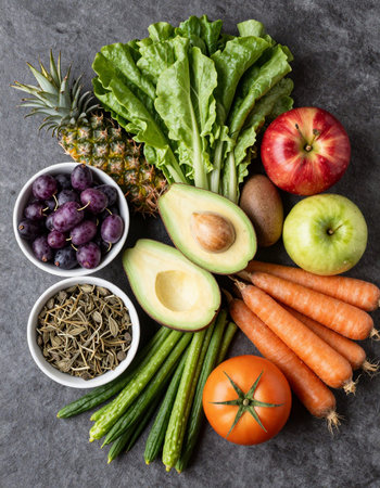 Healthy food background with fruits and vegetables. Top view, flat lay