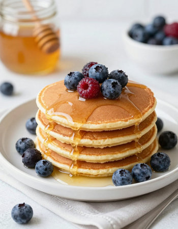 Pancakes with blueberries and honey, vertical, closeup