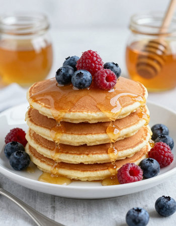 Stack of pancakes with fresh berries and maple syrup, vertical, closeup
